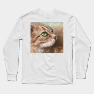 Painting of a Blonde Cat with Bright Green Eyes Looking to the Side Long Sleeve T-Shirt